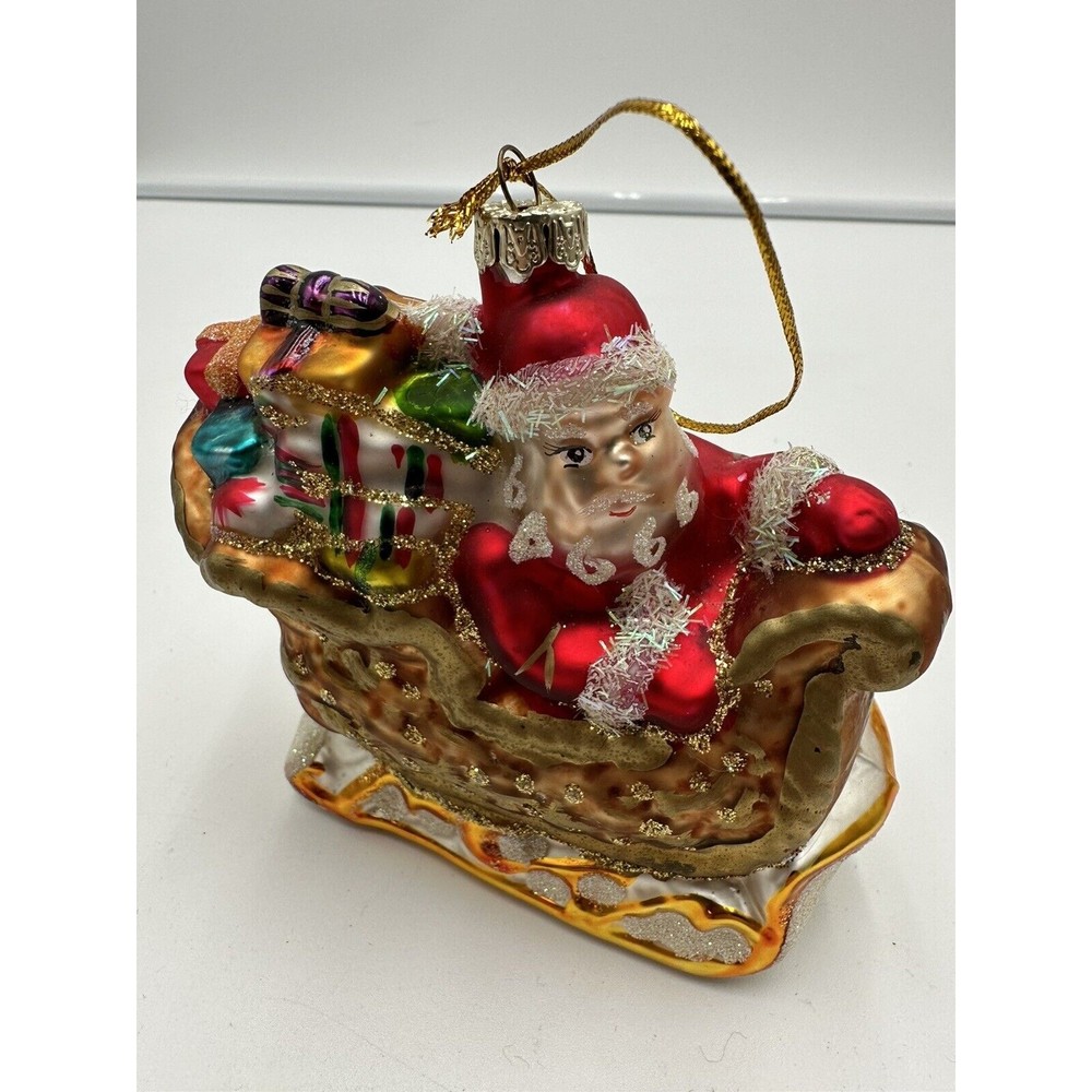 Santa’s Sleigh Glass Ornament Red/Sparkly Christmas presents gold Decor
